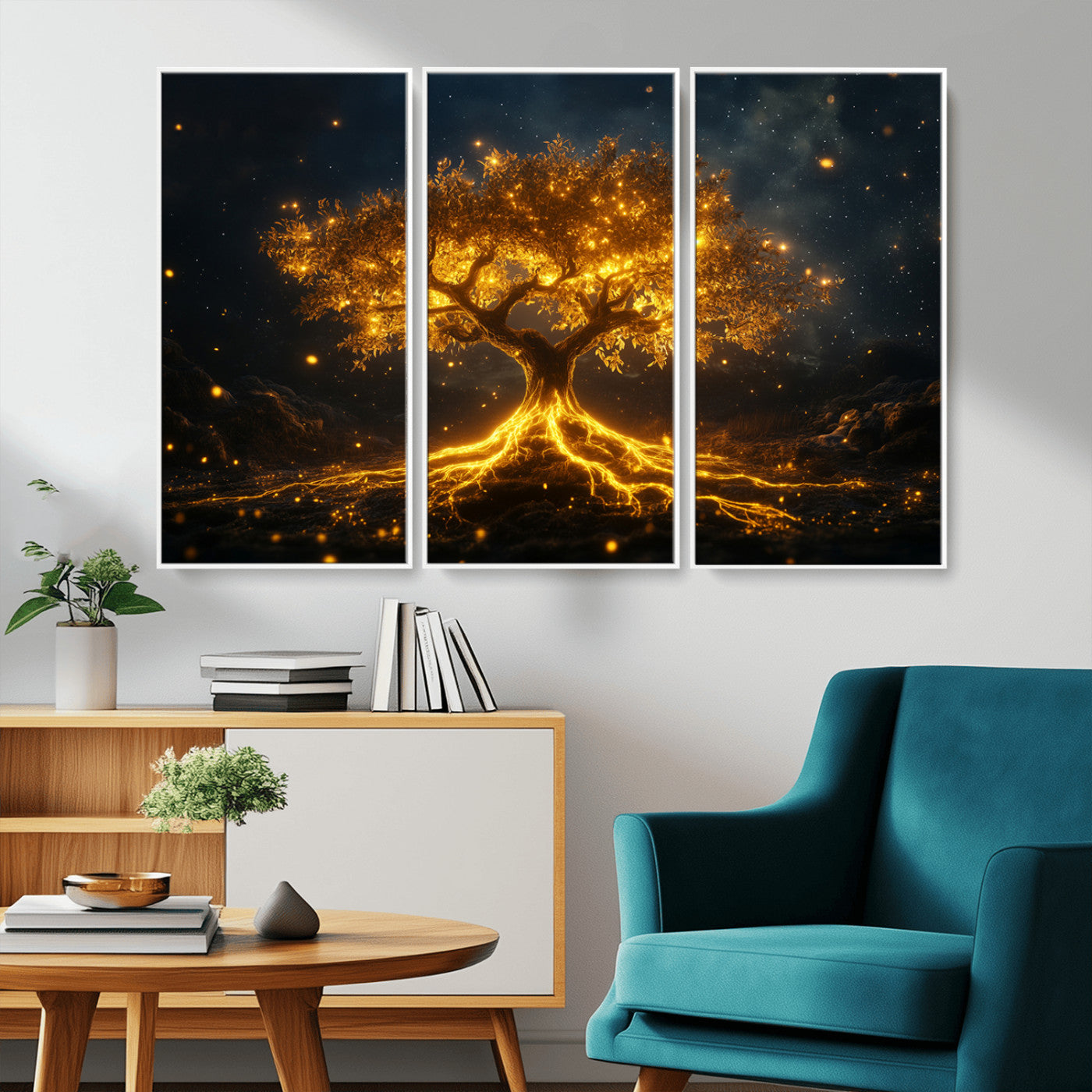MGV-FC-48X32-3P - Golden Tree of Life Canvas Wall Art Print - Majestic Glowing Tree Design for Living Room, Office, or