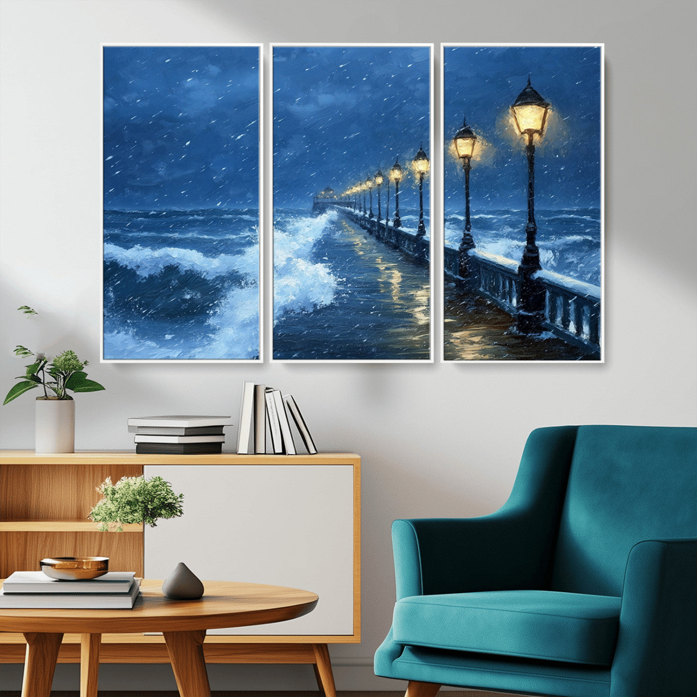 MGV-FC-48X32-3P - Stormy Ocean Pier Lights Canvas Wall Art Print - Large Moody Night Scene for Living Room, or Office,