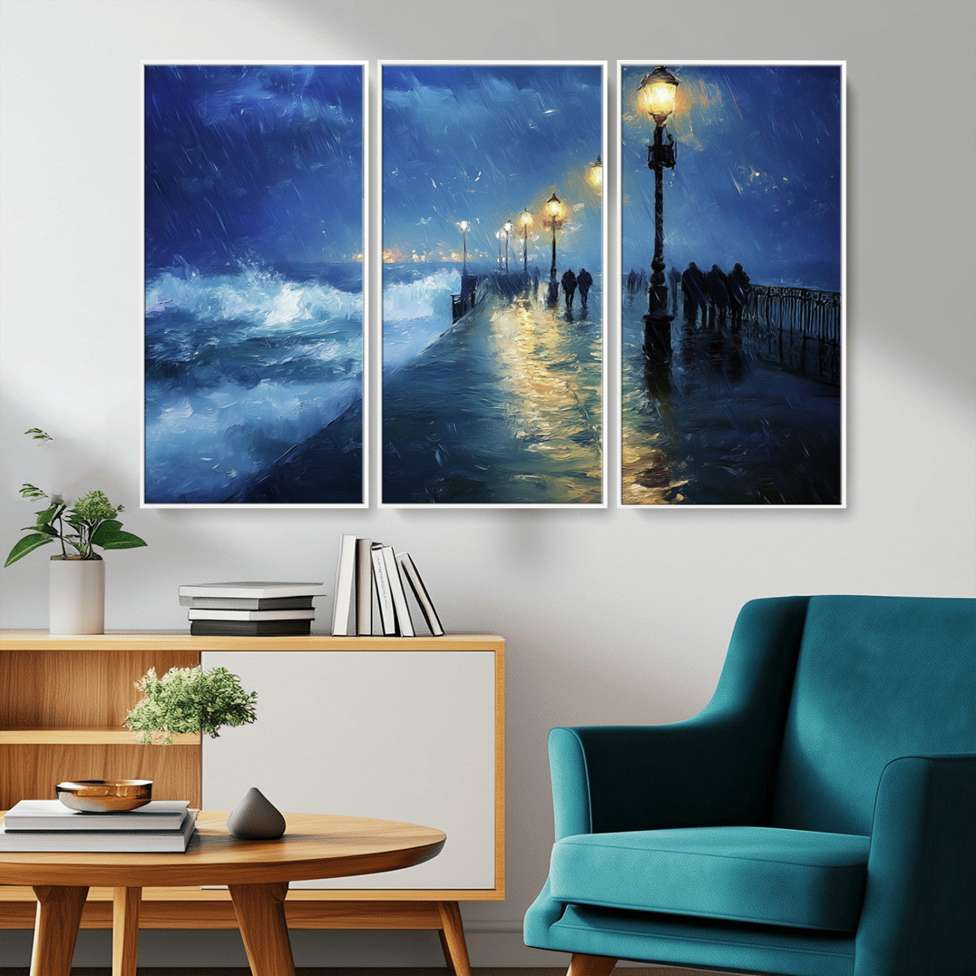 MGV-FC-48X32-3P - Abstract Stormy Ocean Pier Canvas Wall Art Print | Stormy Ocean Art | Large Moody Night Scene Print,