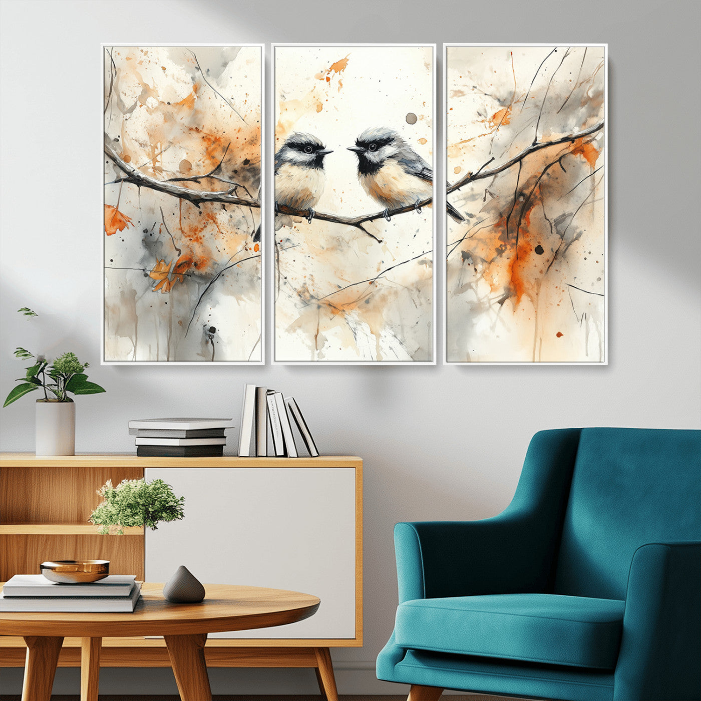A soft and elegant watercolor painting of two chickadees perched on a delicate branch, surrounded by splashes of orange and neutral tones evoking a calm autumn day.