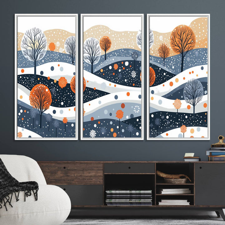 The "Abstract Winter Landscape Canvas Wall Art Print," featuring a triptych of landscapes with trees and hills in vibrant orange, white, and blue hues, adds a gallery-quality finish that transforms the space into an art lover's dream.