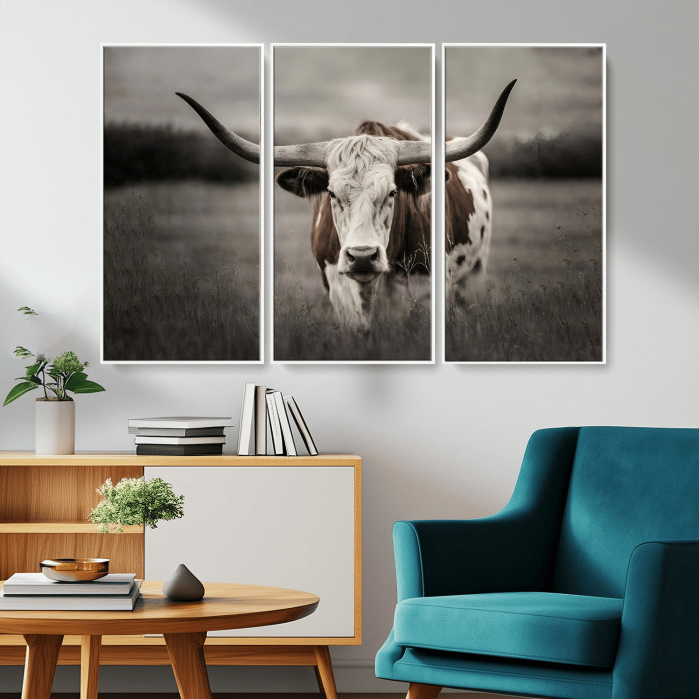 MGV-FC-48X32-3P - Texas Longhorn Cow Canvas Wall Art Print - Large Rustic Longhorn Art for Living Room, Western Wall