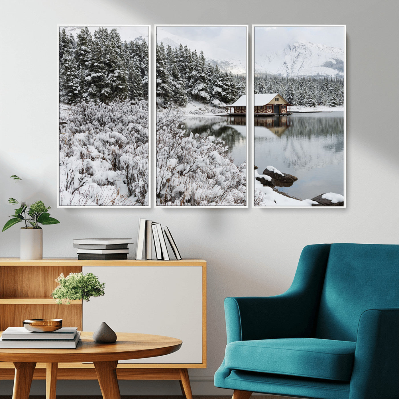 MGV-FC-48X32-3P - Winter Wall Art - Cabin by the Lake Canvas Wall Art - Serene Snowy Landscape with Mountain View,