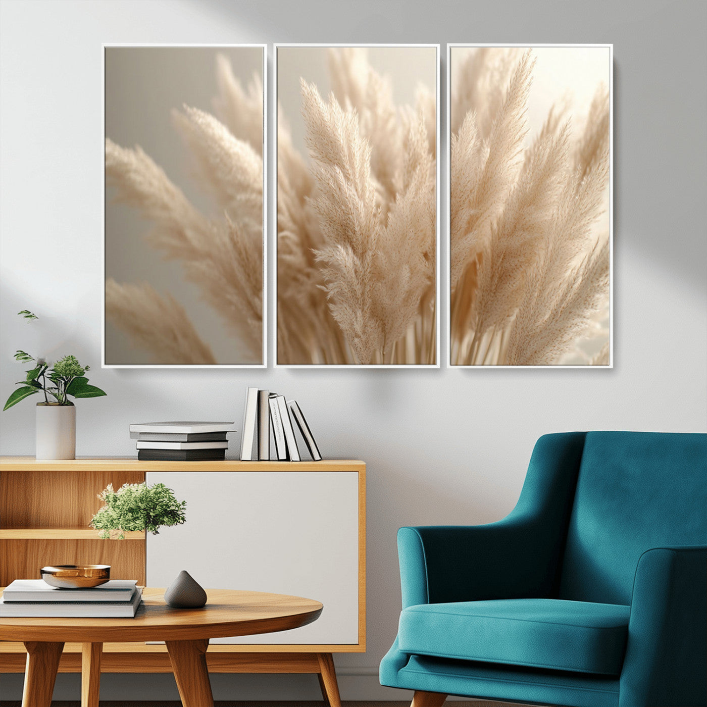MGV-FC-48X32-3P - Pampas Grass Canvas Wall Art - Elegant Neutral Decor for Living Room, Boho Minimalist Artwork, Ready