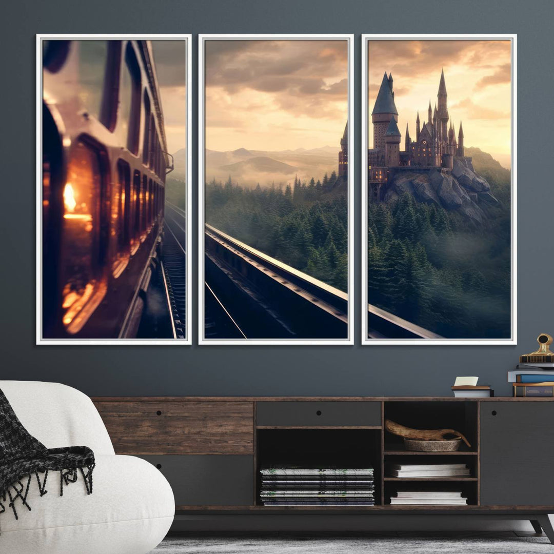 The "Harry Castle Wall Art Canvas Print," depicting a train and castle at sunrise, is elegantly featured with its gallery-quality finish in the modern living room.