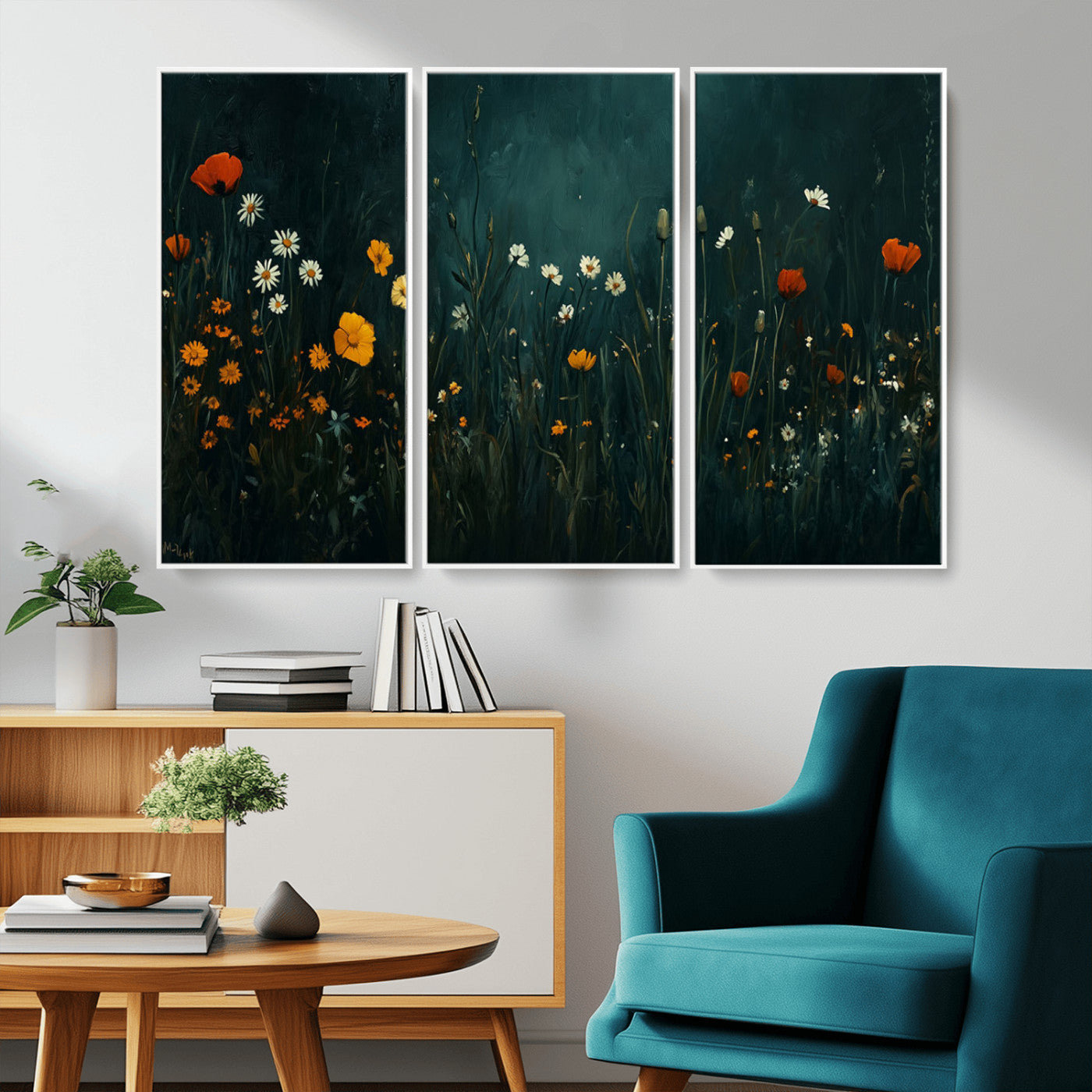 MGV-FC-48X32-3P - Framed Wildflower Field Wall Art, Framed Vintage Botanical Landscape Sign, Floral Decor, Modern