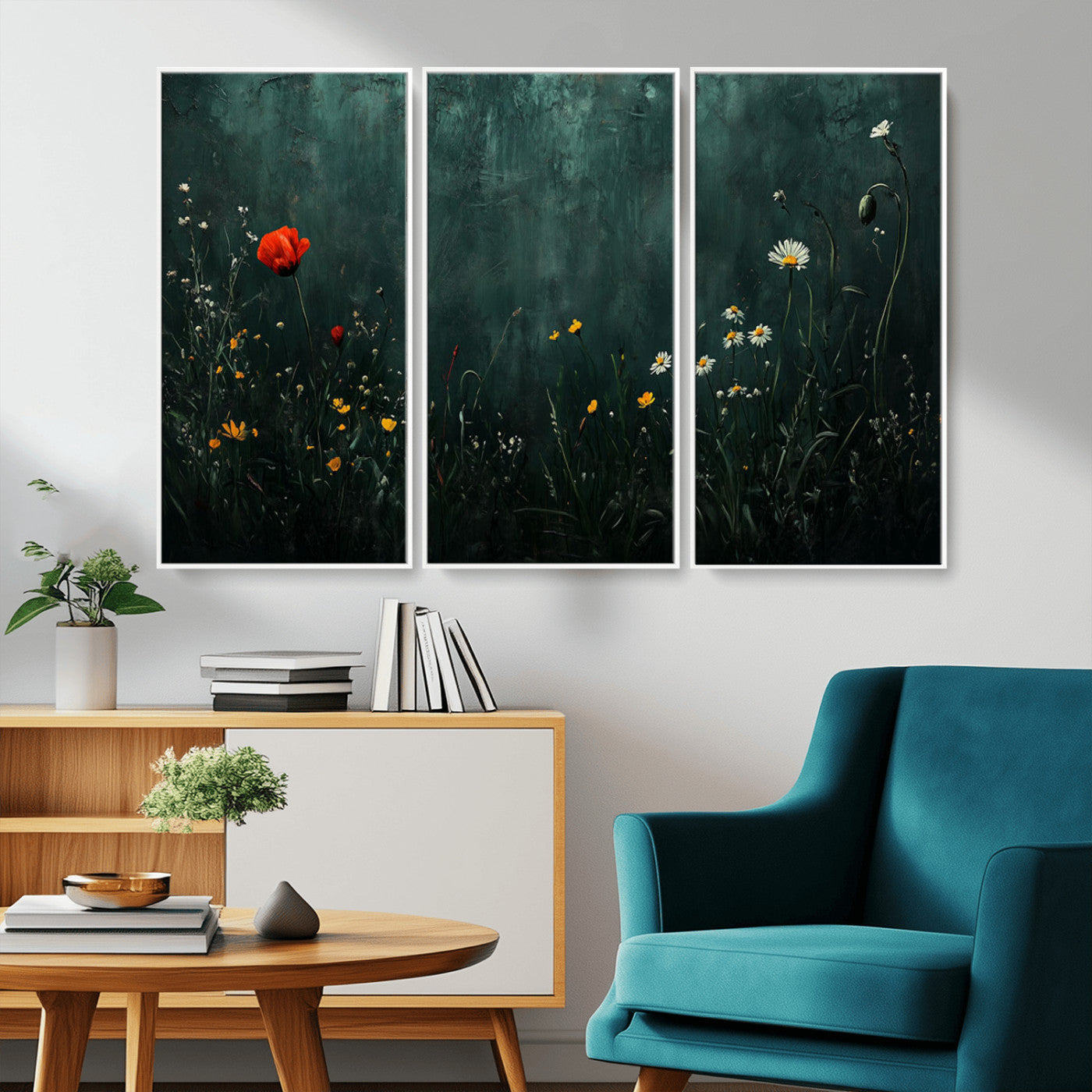 MGV-FC-48X32-3P - Wildflower Field Framed Wall Art, Vintage Botanical Landscape Sign, Botanical Wall Art, Modern