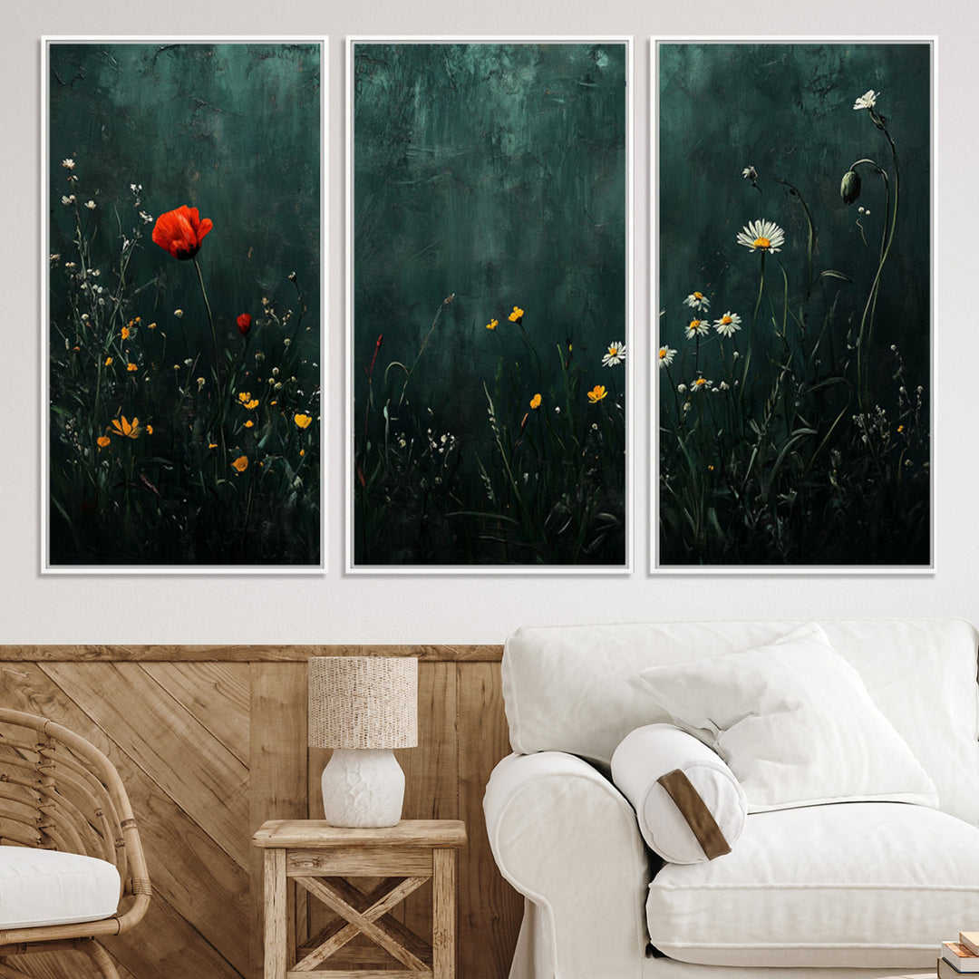 Wildflower Field Framed Wall Art, Vintage Botanical Landscape Sign, Botanical Wall Art, Modern Farmhouse Canvas Art, Field Of Flowers Canvas Print
