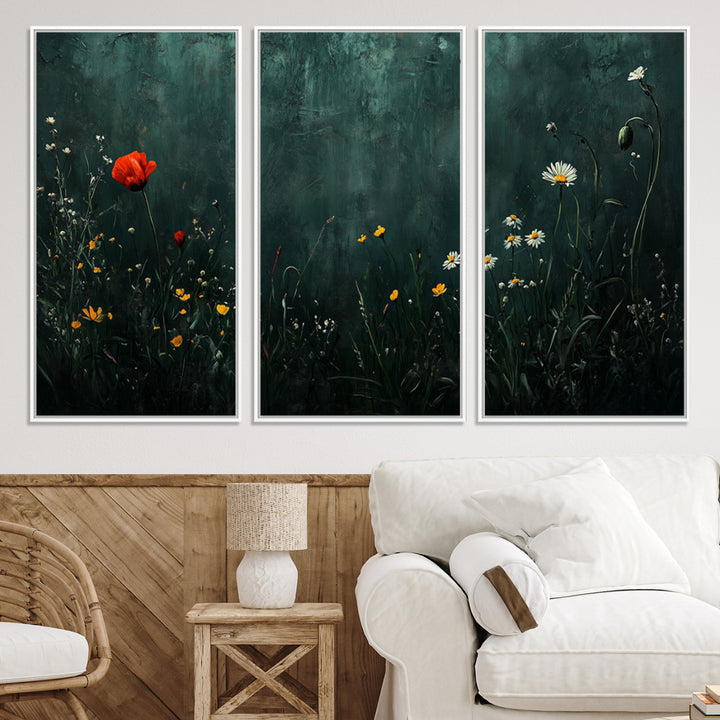 Wildflower Field Framed Wall Art, Vintage Botanical Landscape Sign, Botanical Wall Art, Modern Farmhouse Canvas Art, Field Of Flowers Canvas Print