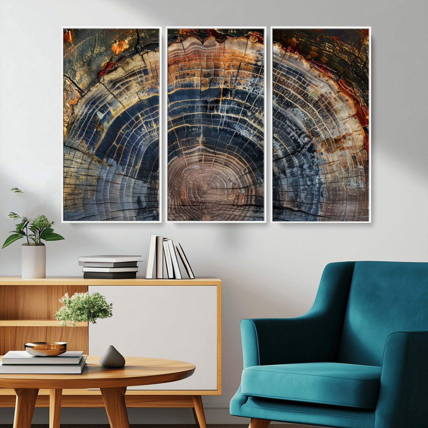 MGV-FC-48X32-3P - Framed Tree Ring Wall Art - Abstract Colorful Tree Ring Wall Decor, Minimalist Home Canvas Art,