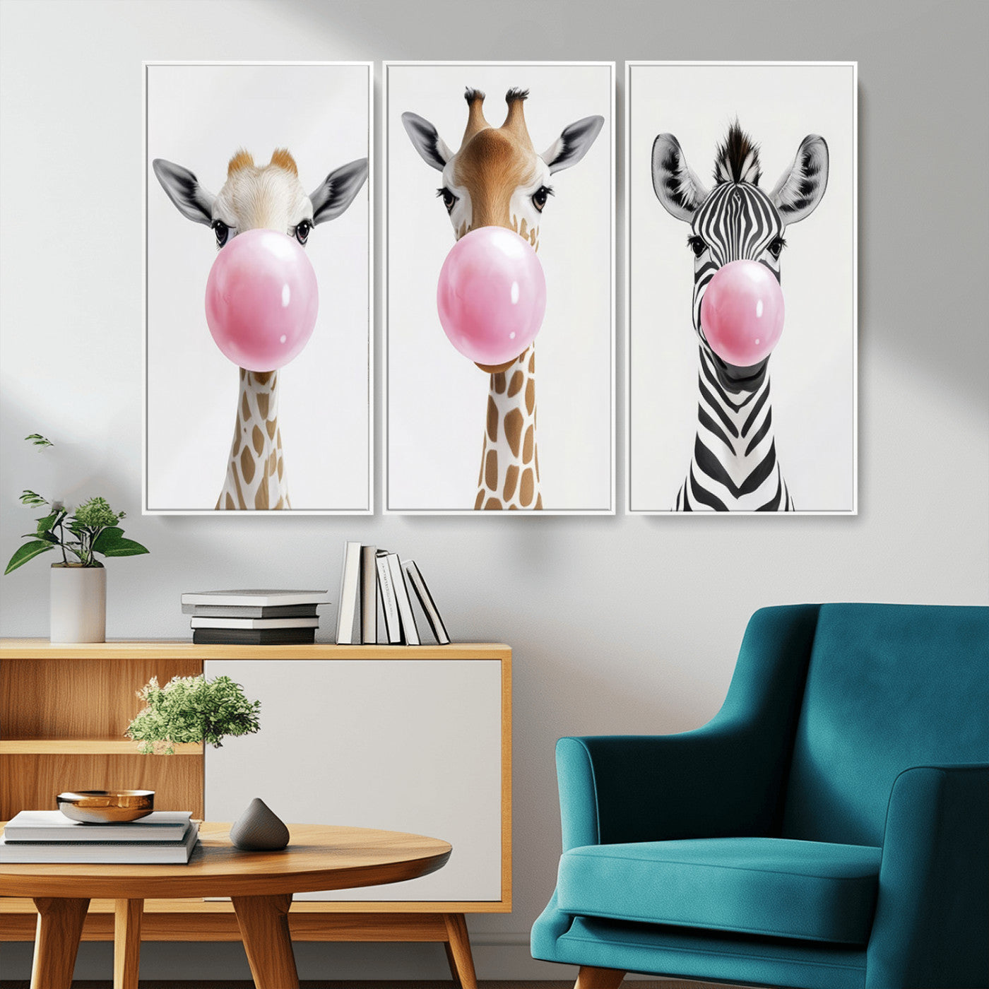 MGV-FC-48X32-3P - Bubblegum Animals Canvas Wall Art - Playful Giraffe and Zebra Trio, Fun Nursery Decor for Kids'