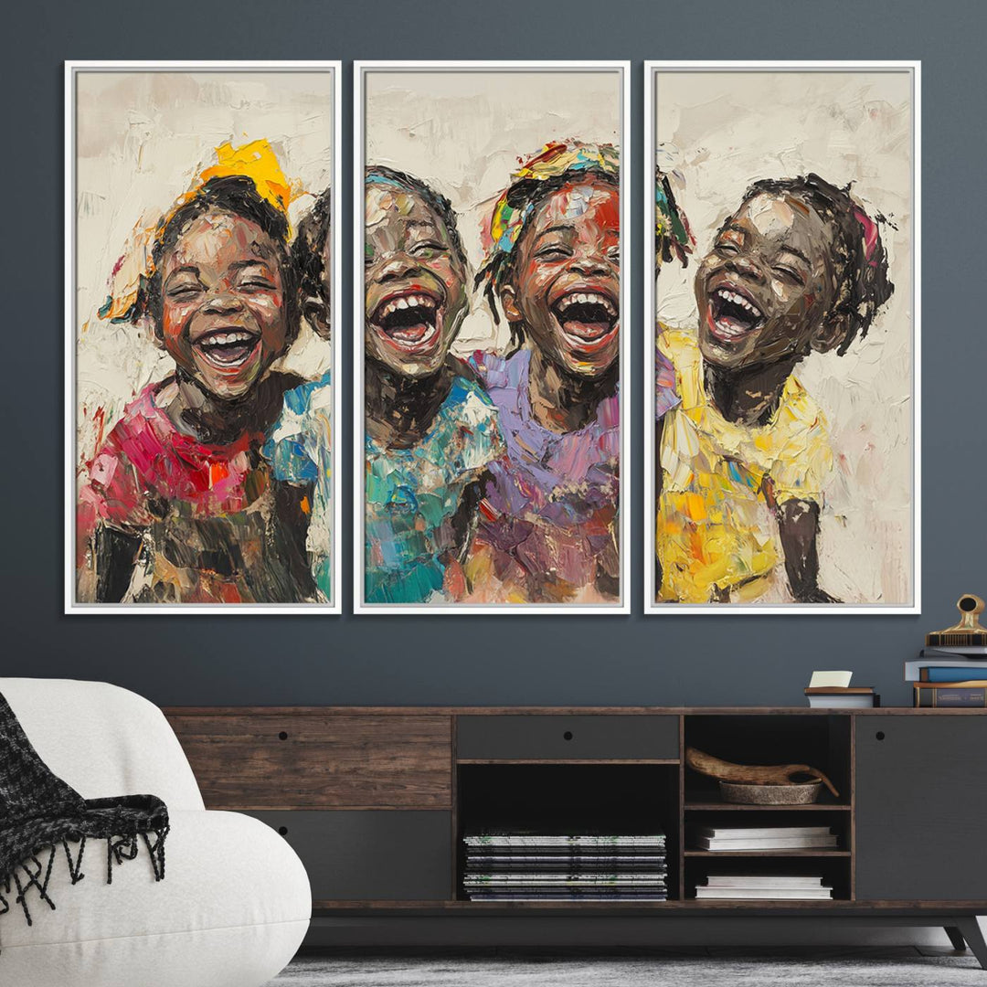 The Shai Yossef style "Joyful Childhood Canvas Wall Art" beautifully depicts an expressive impasto painting of three cheerful black children laughing, capturing the joyous essence of childhood.