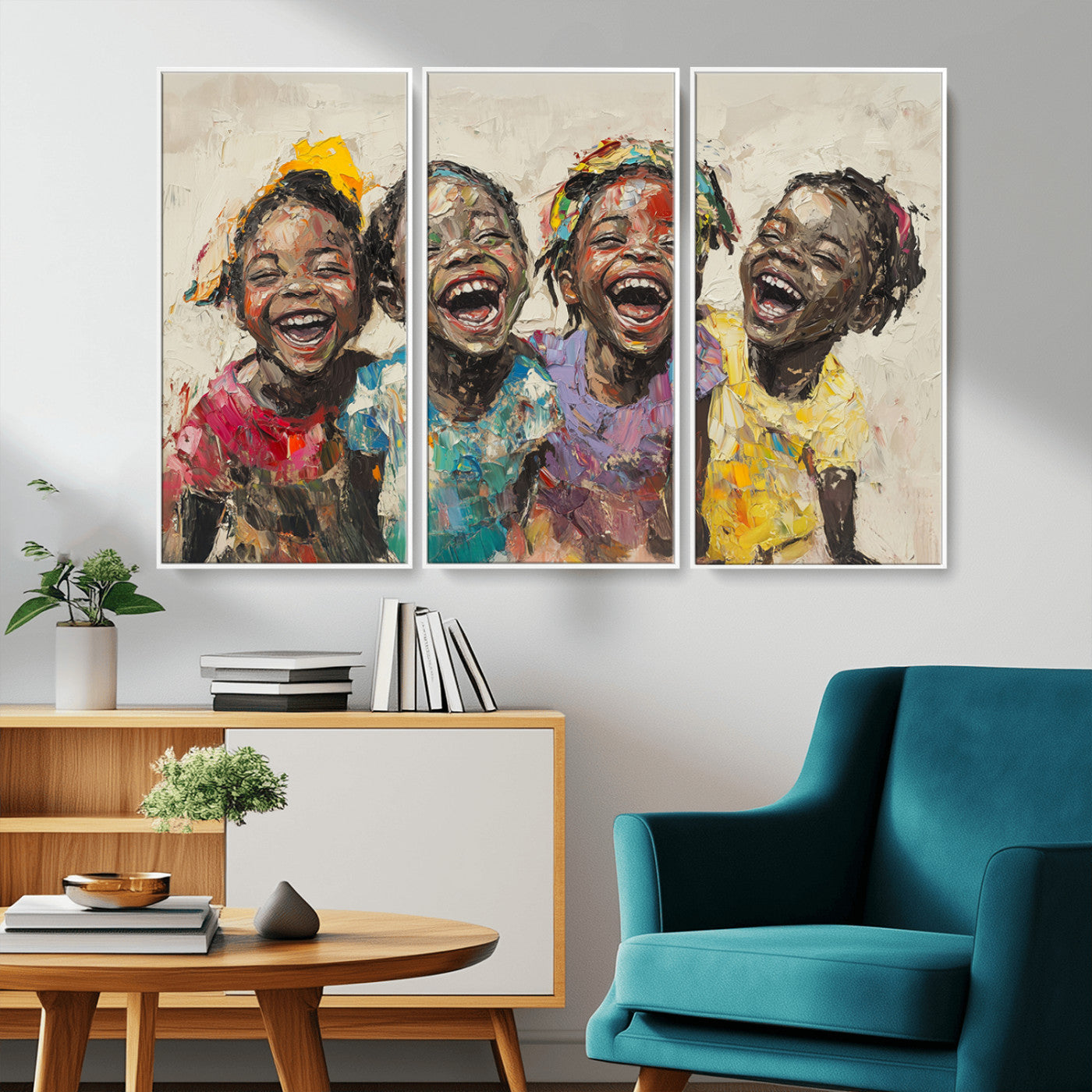 MGV-FC-48X32-3P - Shai Yossef style Joyful Childhood Canvas Wall Art - Expressive Impasto Painting of Black Children