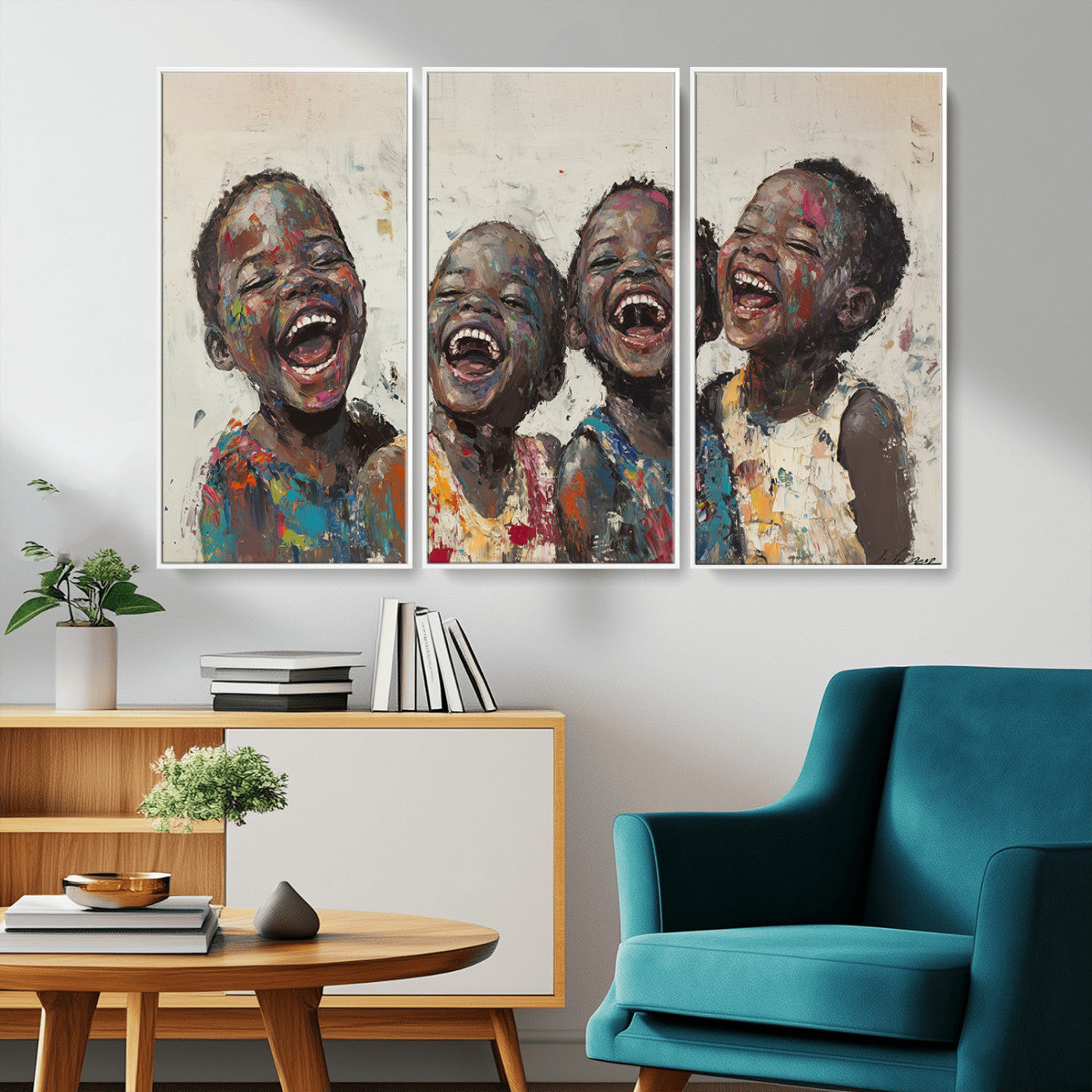 85256-MGV-CV-36X24-Shai Yossef Print - Joyful Childhood Canvas Wall Art - Expressive Impasto Painting of Laughing