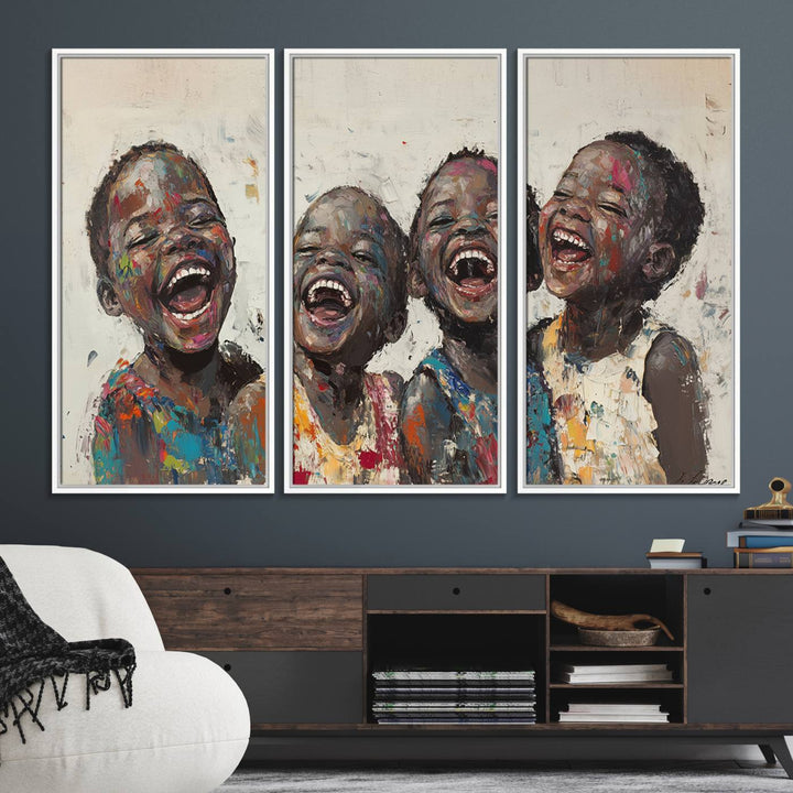 This Shai Yossef Print - Joyful Childhood Canvas Wall Art is an expressive impasto painting of laughing children. As framed abstract art for your living room, it adds a touch reminiscent of Shai Yossef's unique style to any living space.