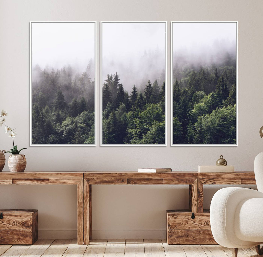 A serene triptych nature print featuring a misty forest, perfect as wall art.