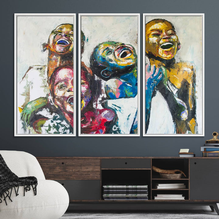 A multi-panel decor piece titled "Joyful African Black Kids" by Shai Yossef features a vibrant impasto painting of four children laughing and is elegantly displayed as premium canvas wall art.