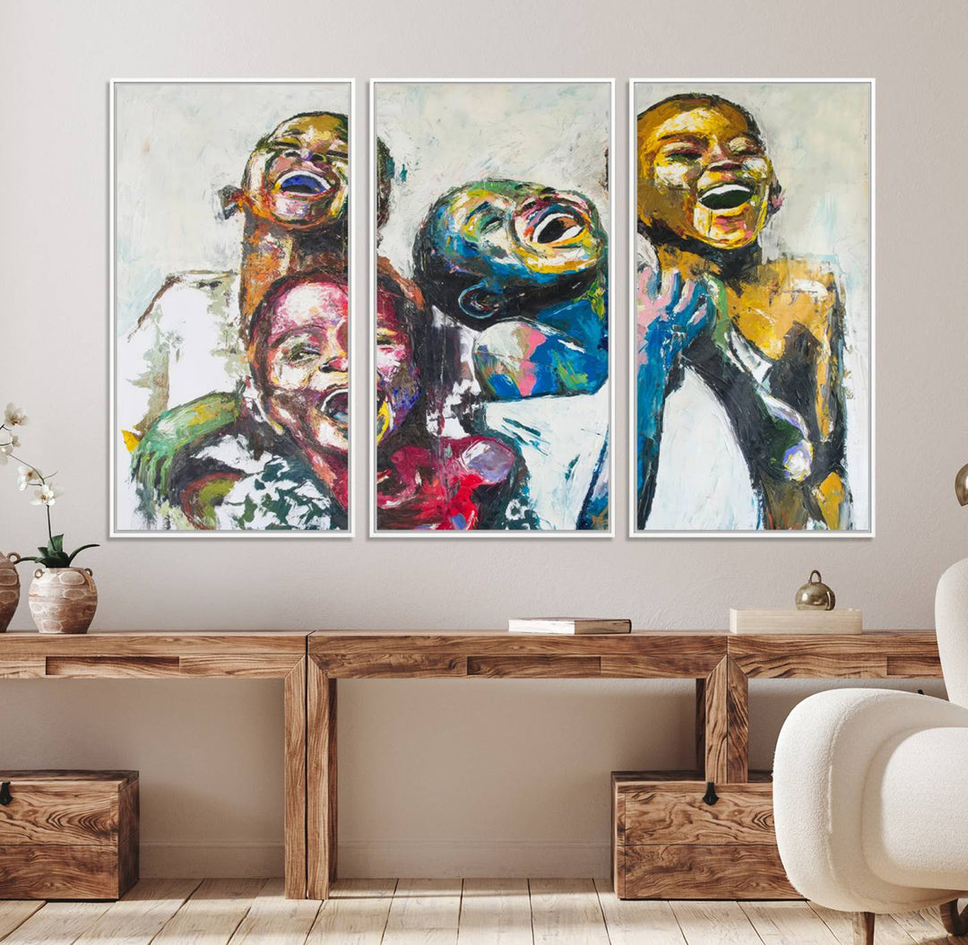 A vibrant Shai Yossef canvas art of joyful kids hangs prominently.