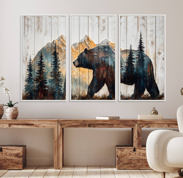 Grizzly 399 Wall Art triptych features a serene mountain scene.