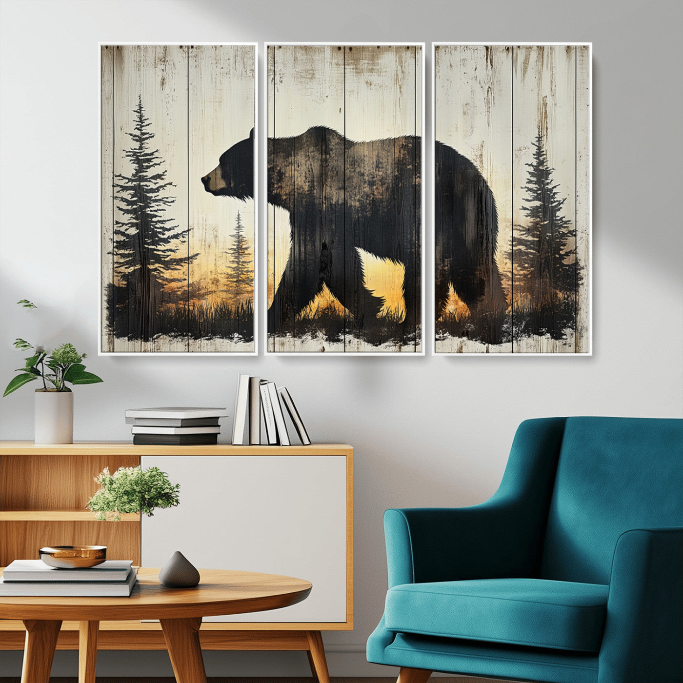 83875-MGV-CV-36X24-Vintage Bear Wall Art Canvas Print for Farmhouse - Mountain Wood Canvas Wall Art - Forest Silhouette
