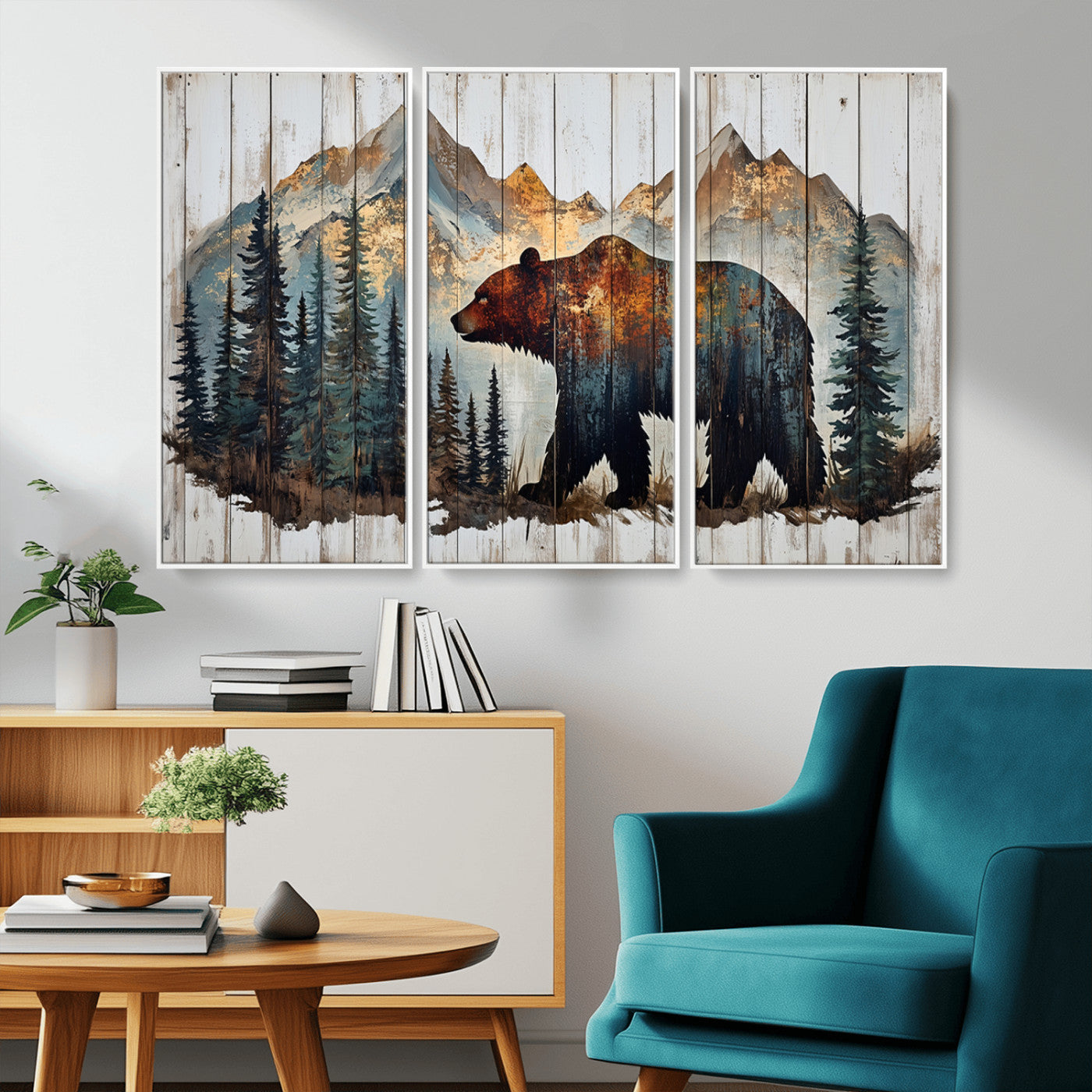55777-MGV-CV-36X24-Rustic Grizzly 399 Bear and Mountain Wood Canvas Wall Art - Framed Nature Artwork with Forest