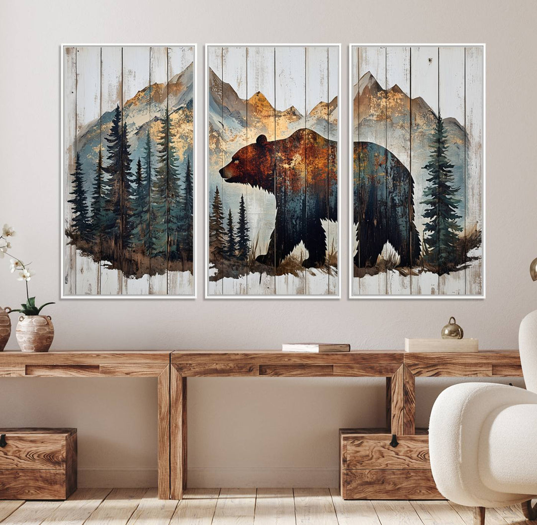 The living room features Rustic Grizzly 399 bear wall art, adding a cozy touch to the setup.