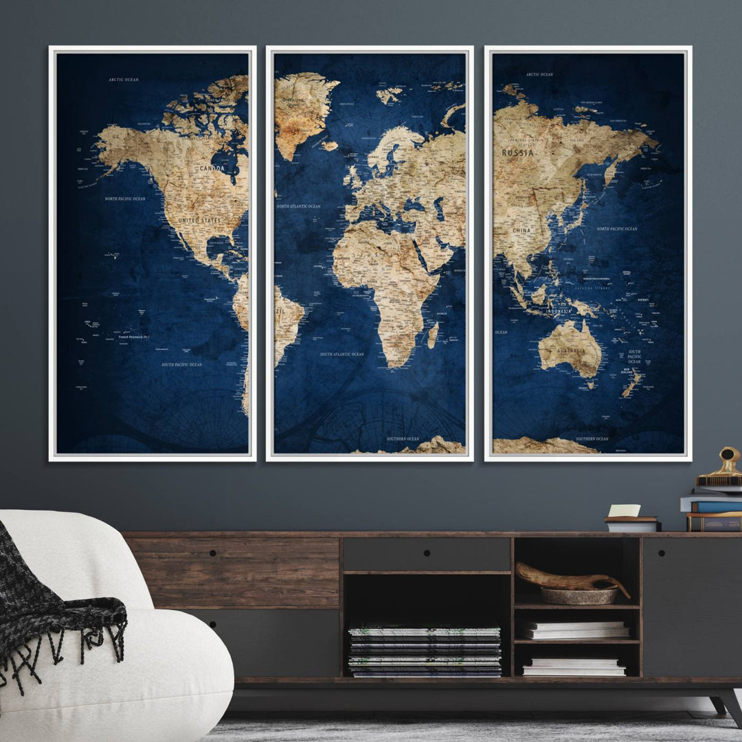 A personalized world map canvas print hangs above.