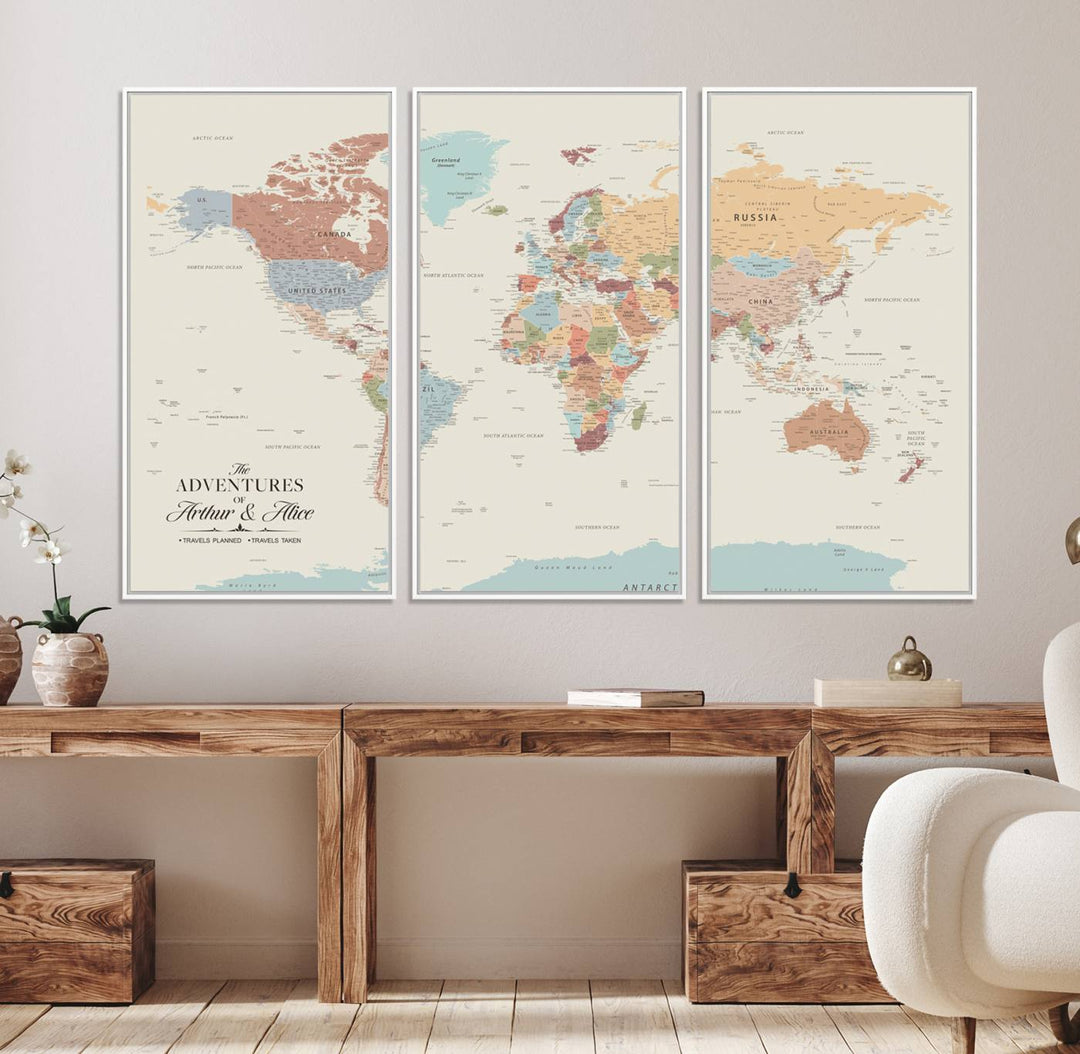 A large, colorful Custom World Map Canvas hangs on the light-colored wall.