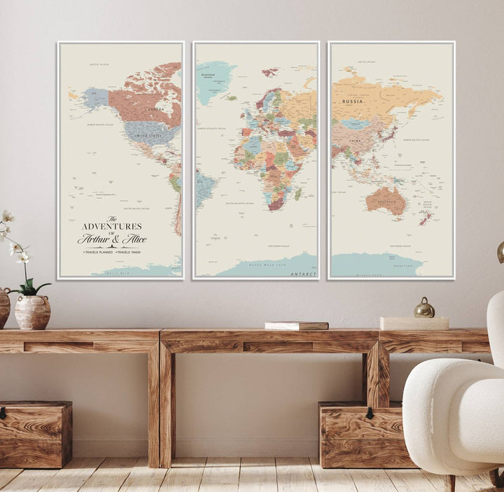 A large, colorful Custom World Map Canvas hangs on the light-colored wall.