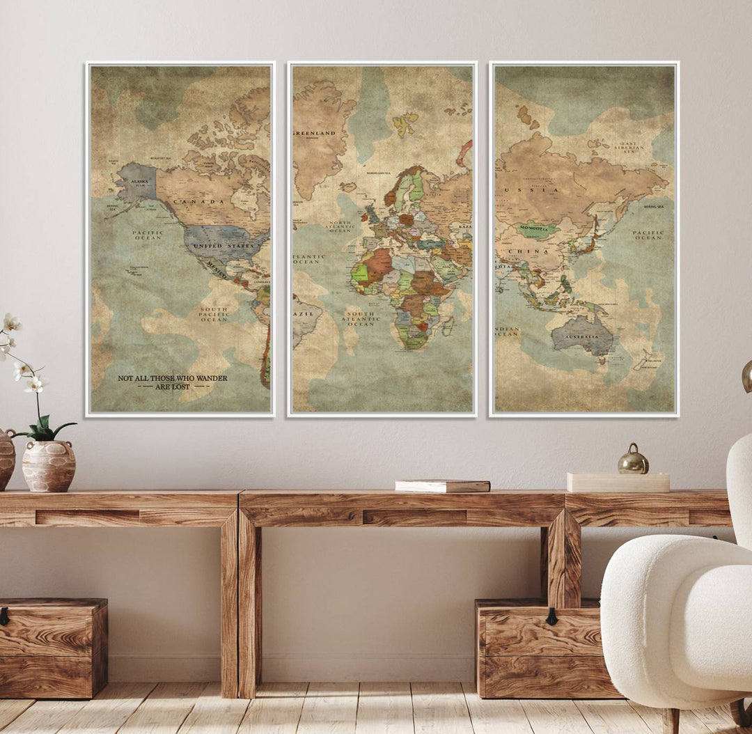 A Personalized World Map Canvas Print in vintage style enhances the setting with its artistic charm.