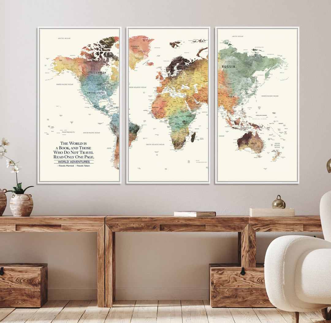 A colorful Personalized World Map Canvas Print, ideal as wall art for living room or office.