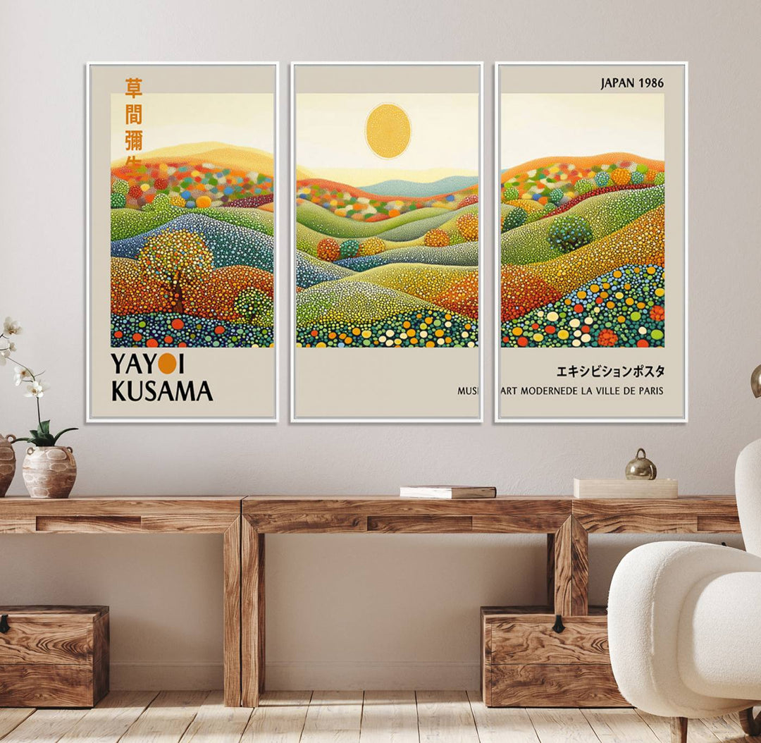 The Yayoi Kusama Wabi Sabi Japanese Wall Art Print features a vibrant landscape with dots, sun, and mountains.