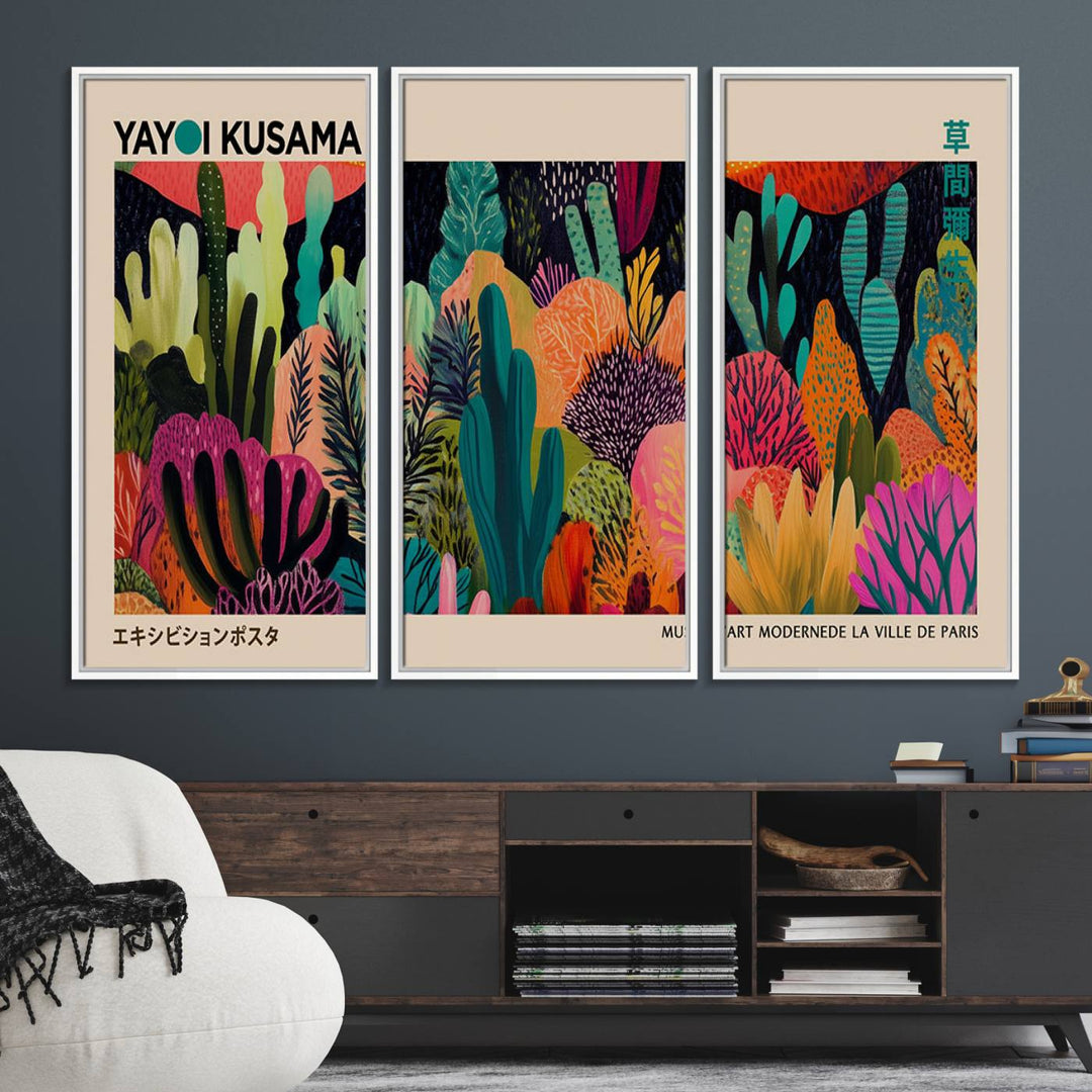 The vibrant canvas print of wall art features abstract plants, with the elegant text "Yayoi Kusama Wall Art Canvas Print" displayed on the colorful frame.