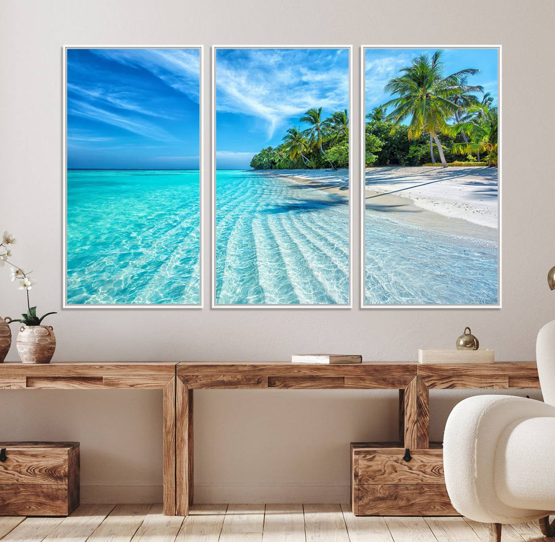 The Tropical Beach Wall Art Canvas Print features turquoise water and palm trees.