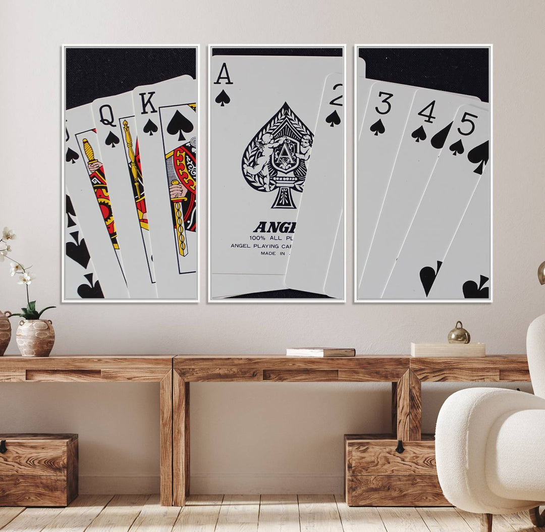 The oversized Poker Wall Art features the Ace of Spades and is displayed on a porch.