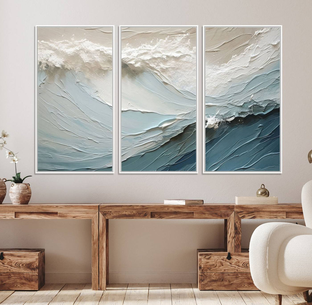 Waves Abstract Wall Art Print displayed on a porch with white siding.