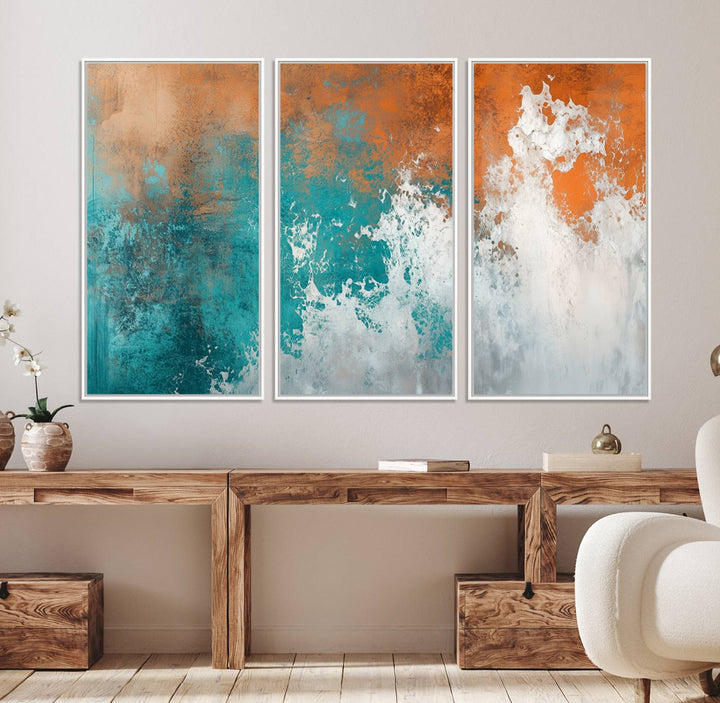 The Vintage Abstract Print - Bold Teal and Orange Canvas Wall Art is displayed on a porch.