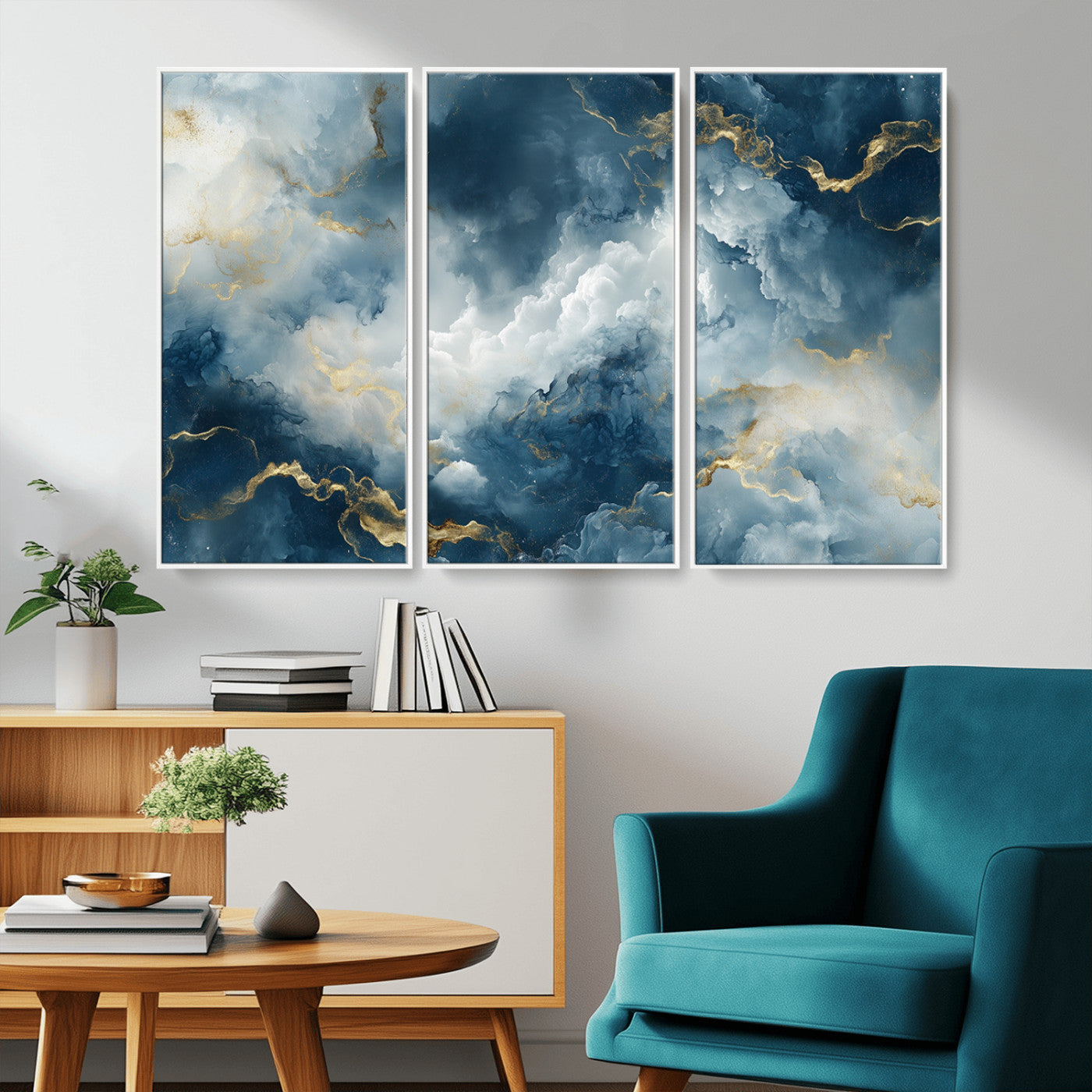 MGV-FC-48X32-3P - Large Abstract Print - Luxe Blue and Gold Abstract Canvas Wall Art - Bold Cloudscape Canvas for