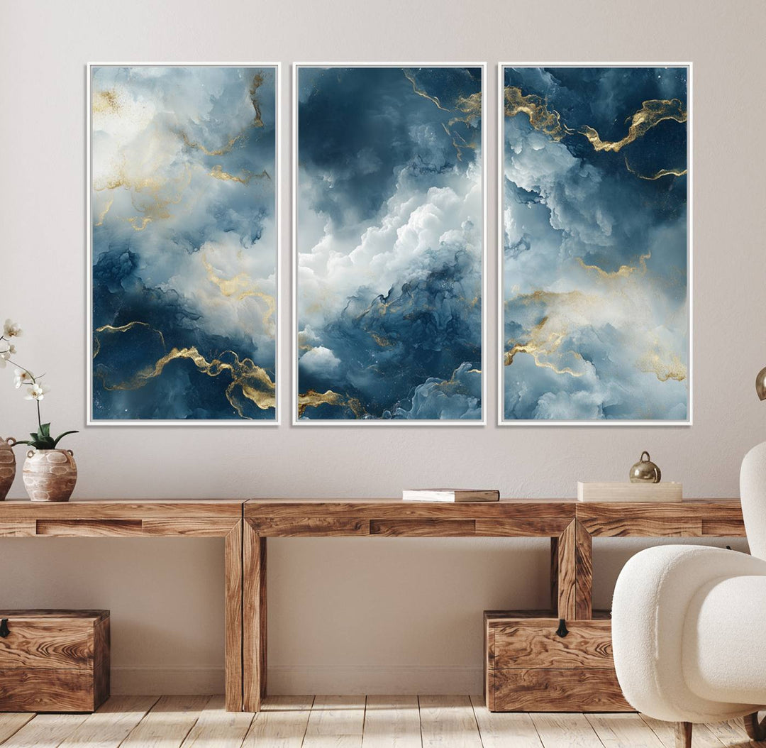 Luxe Blue and Gold Canvas Wall Art - a large abstract print.