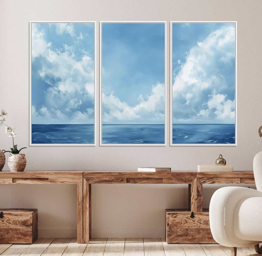 Abstract Ocean Print - Serene Blue Canvas displayed on a porch featuring minimalist decor.