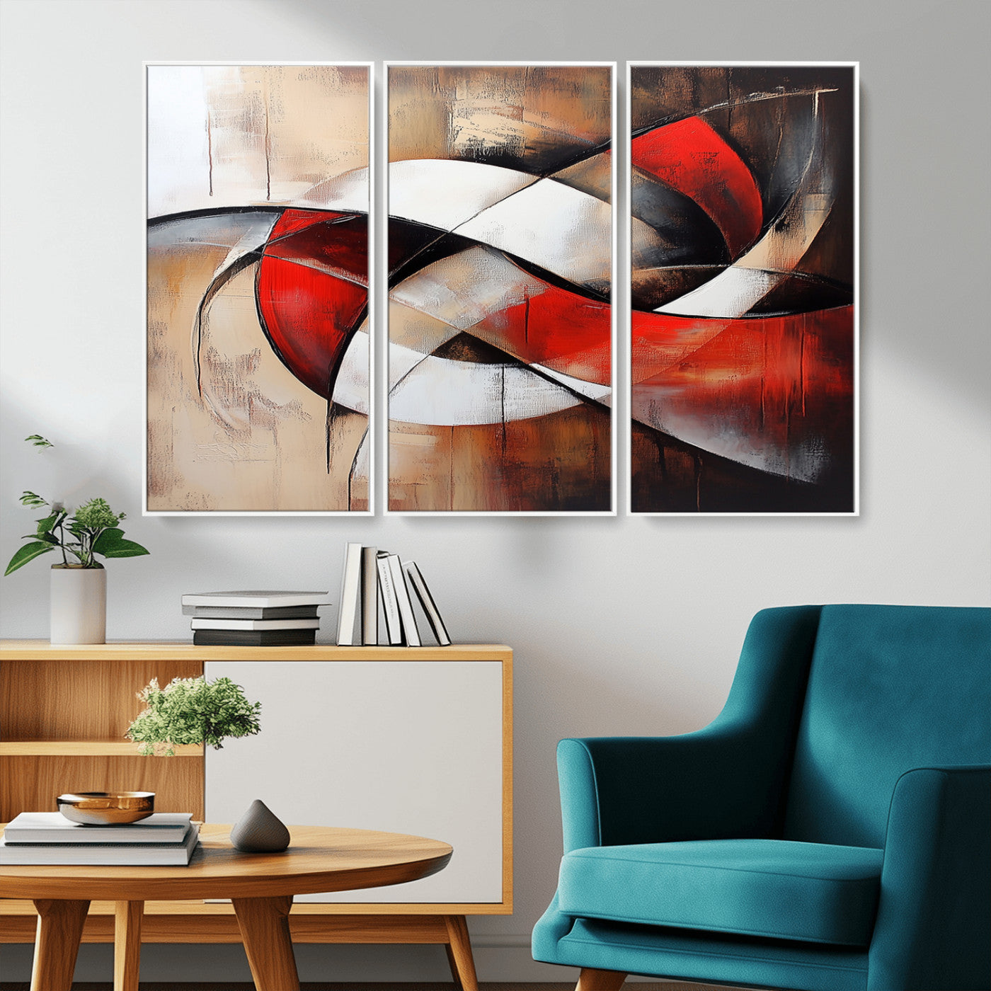 MGV-FC-48X32-3P - Abstract Wall Art - Modern Red and White Canvas Wall Art Print - Bold Geometric Abstract Canvas for