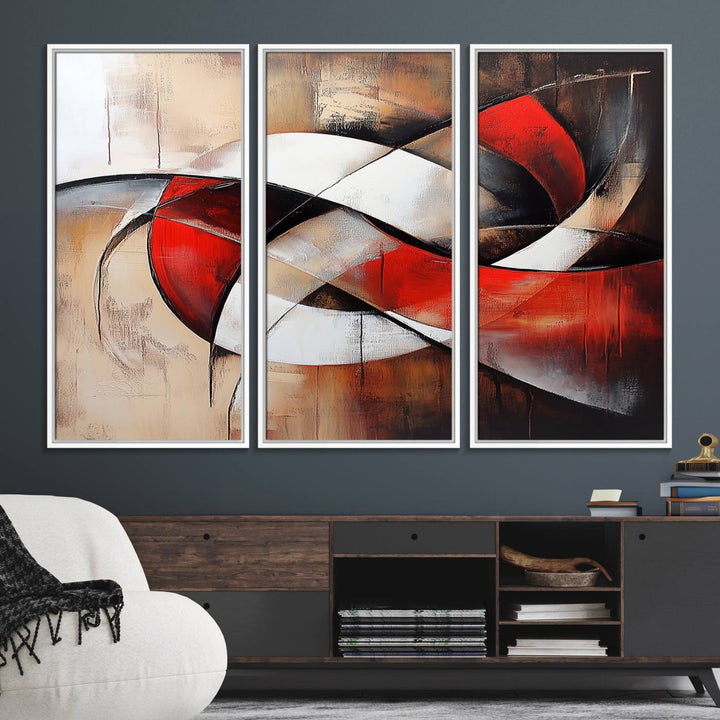 The "Abstract Wall Art - Modern Red and White Canvas Wall Art Print" features bold geometric shapes in red, black, and white on a beige background, enhancing contemporary aesthetics. This canvas print adds a striking focal point to any room, beautifully complementing the modern vibe of the space.