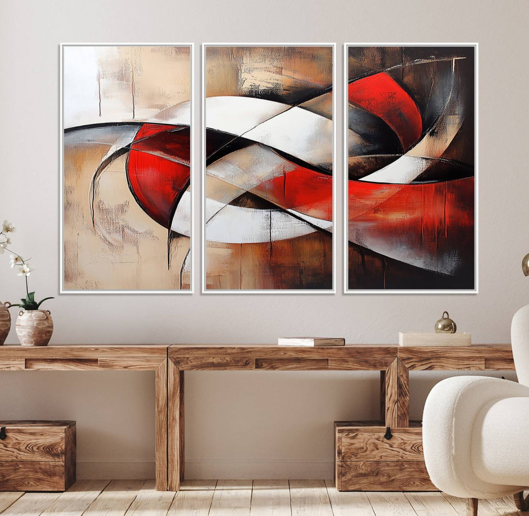 The Abstract Wall Art - Modern Red and White Canvas is displayed prominently in front of an entrance.