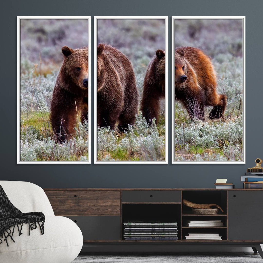 The "Grizzly 399 in Wild Flowers" wall art canvas print, showcasing grizzly bears amidst vibrant wildflowers, elegantly captures the enchanting essence of nature. This handmade piece from the USA brings striking beauty to any space.