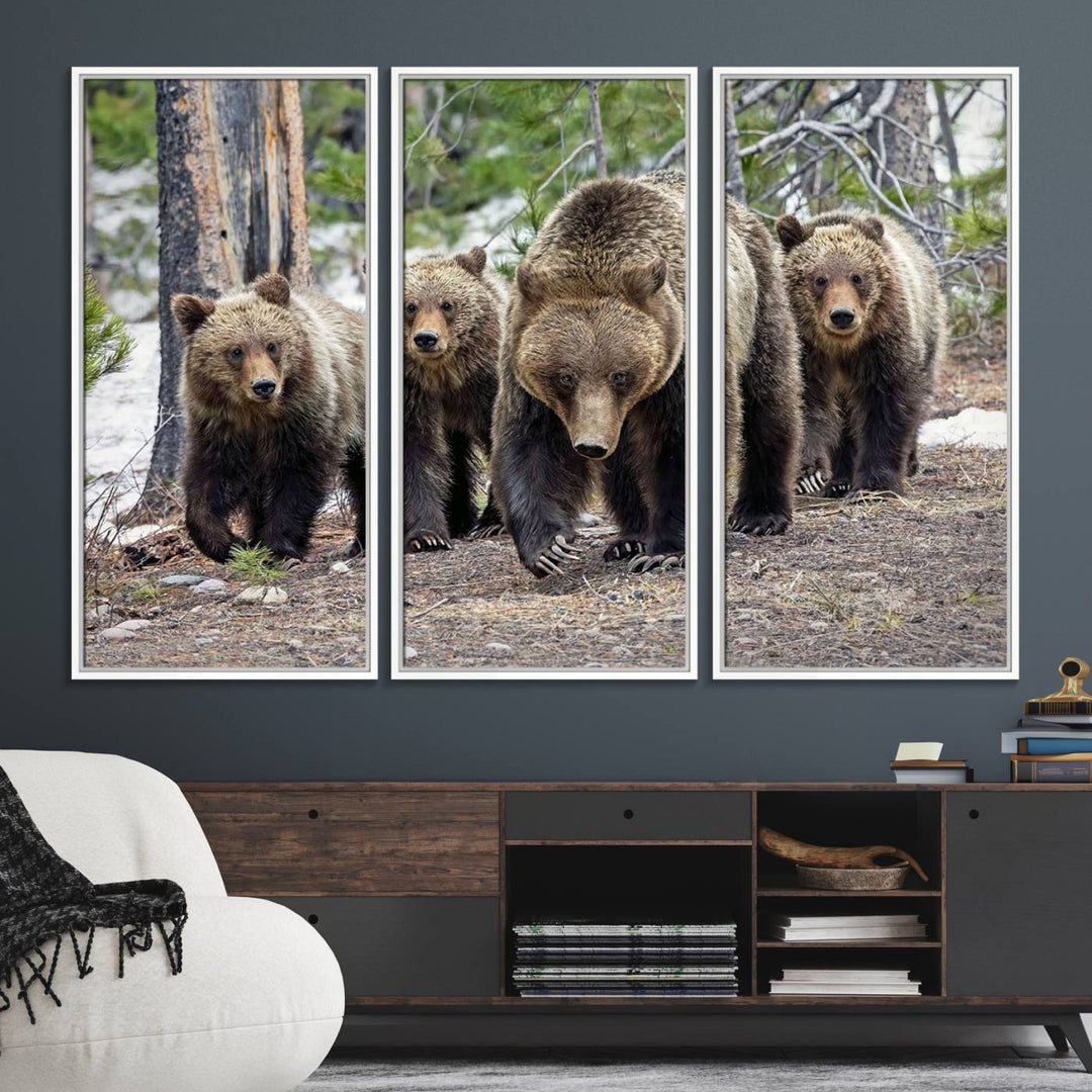 The wall art, a breathtaking canvas print titled "Queen of the Tetons," features 399 Grizzly Bear Cubs majestically captured in a forest setting. It is printed on premium canvas and handmade in the USA.