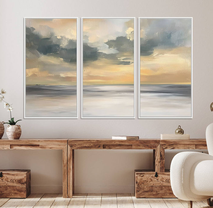 The Modern Coastal Wall Art Canvas Print features vibrant abstract ocean waves and clouds.