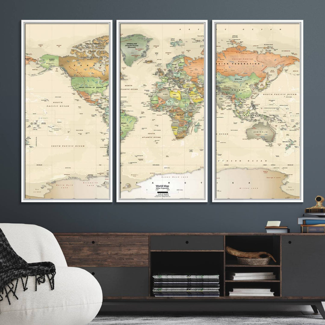 The Large Push Pin World Map Wall Art Canvas Print, with a gallery-quality finish, is carefully crafted on premium canvas and handmade in the USA. This piece adds a touch of elegance to any space.