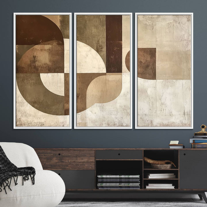 A Wabi Sabi Geometric Minimalist Wall Art Canvas Print—with a modern abstract geometric design in brown and beige tones—stands proudly in front of a house.