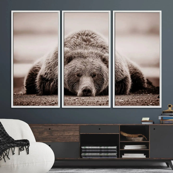 The Grizzly Bear Wall Art Print - a Rustic Bear Portrait Canvas - serves as the centerpiece on the wall, creating an elegant, nature-inspired decor.