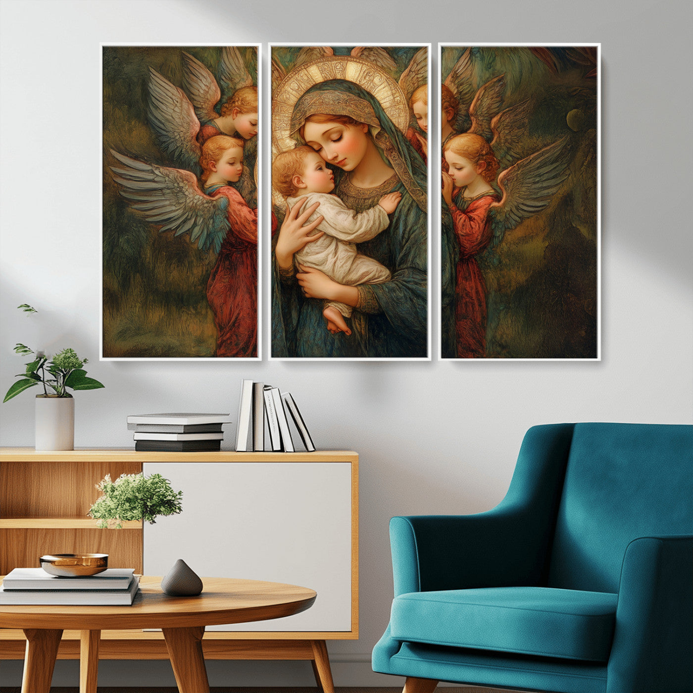 MGV-FC-48X32-3P - Mary Jesus Canvas Wall Art Print - Madonna and Child with Angels Art Print - Classic Christian